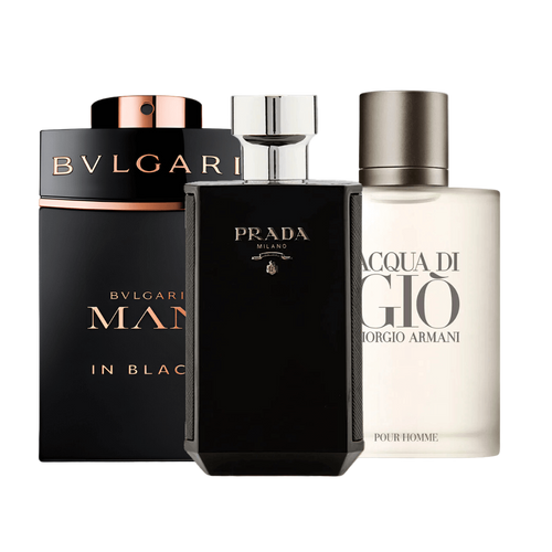 Conjunto de 3 perfumes Bvlgari In Black, Giorgio Armani Acqua Di Gio, L'Homme Prada Intense 100ml